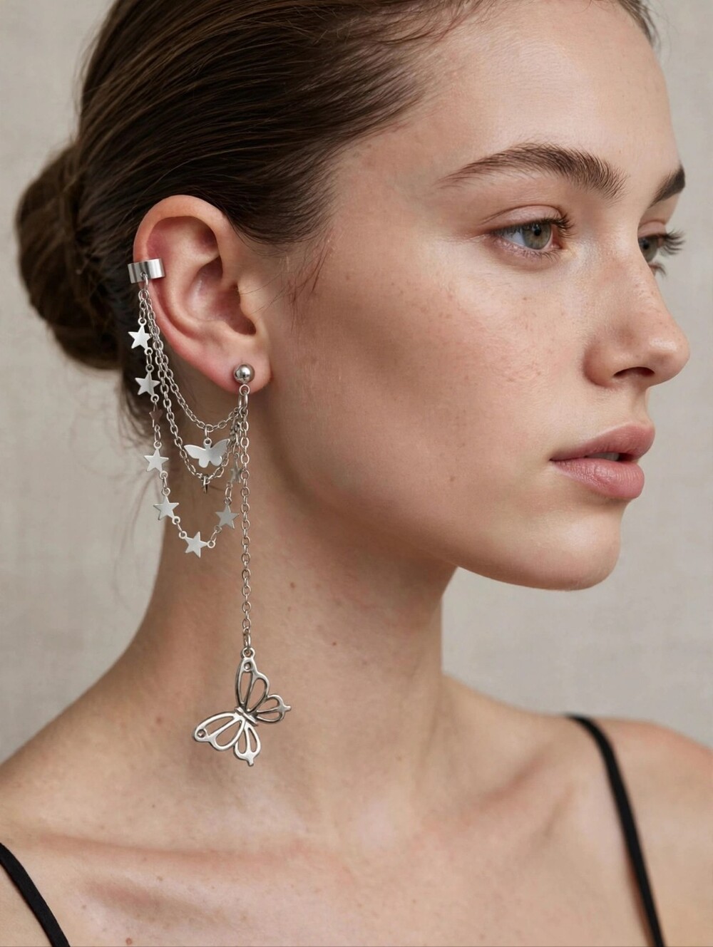 Sterling Silver Butterfly & Star Drop Chain Earrings - Silver Cuff Earring